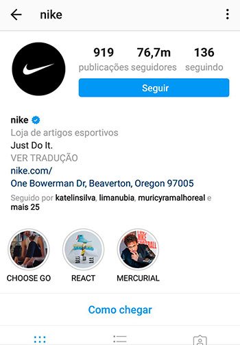 Exemplo da Atualização do Instagram Nike