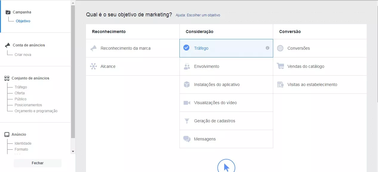 Objetivo de anúncio no Facebook Ads