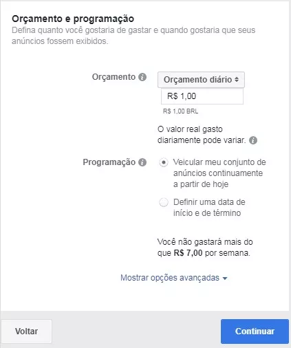 Orçamento e programação dos anúncios no Facebook Ads