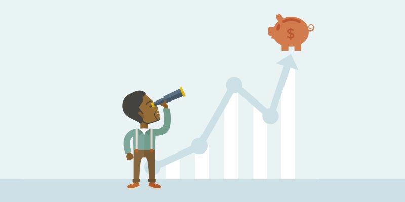 Ilustração de um homem segurando um binóculo direcionado aos índices de de crescimento financeiro que ao topo possui um cofre de porco remetendo ao dinheiro conquistado.