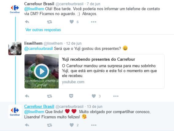 Captura de tela da rede social X (Antigo twitter) da empresa Carrefour solicitando o contato para mandar presentes para um usuário. 