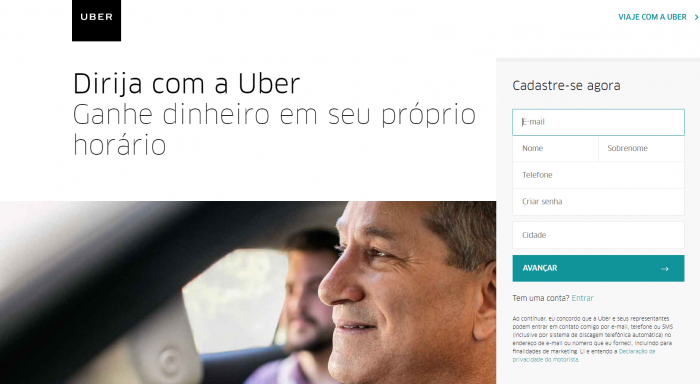 Entre os modelos de landing page, conheça a do Uber