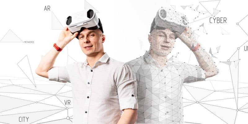 A imagem mostra um homem com um óculos de realidade aumentada, ao seu lado está uma versão dele mesmo feita com computação gráfica.