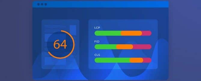Ilustração representativa de como funciona as ferramentas que calculam o cumulative layout shift. Do lado direito há uma média geral de 64% e do lado esquerdo há três barras com indicadores diferentes