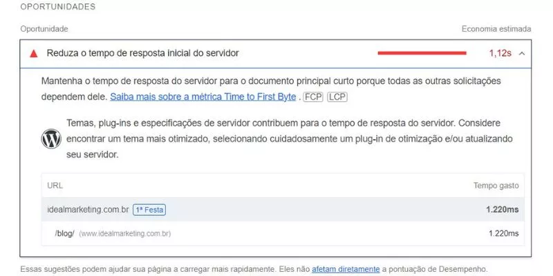 Print do Google Lighthouse com feedback sobre o tempo de resposta do servidor e sugestões de melhoria.