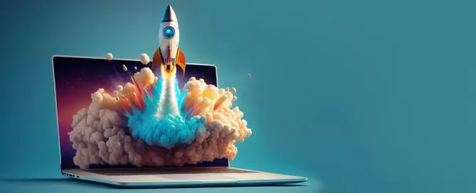 Foguete saindo de um computador, representando o crescimento das empresas que utilizam o Marketing de Posicionamento na Internet.