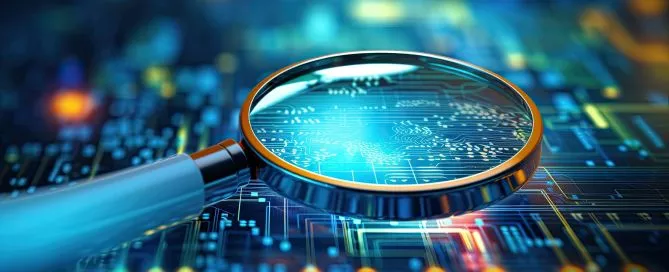 Lupa em cima de um hardware de computador, representando o tráfego falso