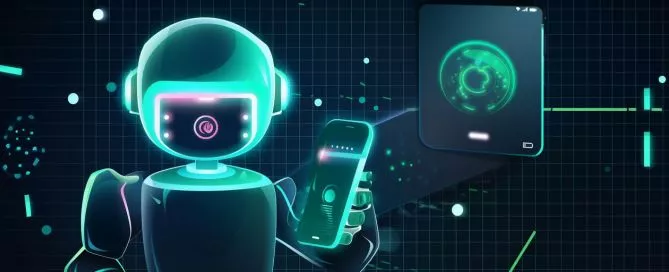 Ilustração de um robô mexendo no celular.