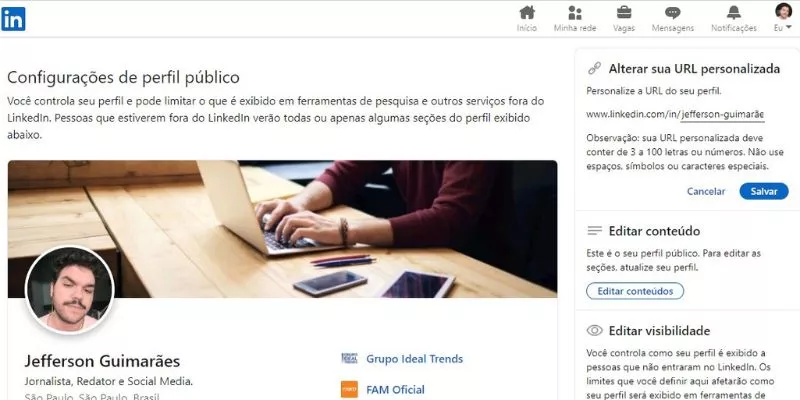 Print do LinkedIn mostrando a página para criação de uma URL amigável para o um perfil no LinkedIn,