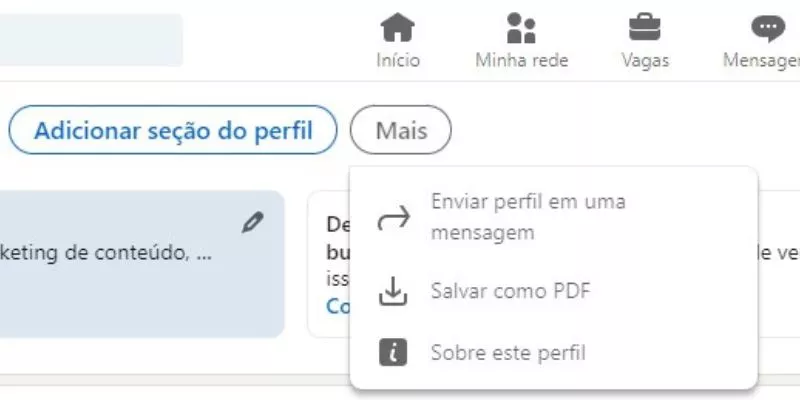 Print de um perfil no LinkedIn com a seção "mais" expandida. Nela, é possível ver a opção "Salvar em PDF".