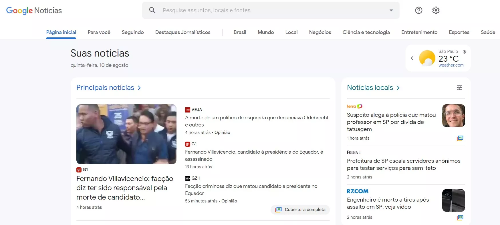 Print da homepage do Google Notícias