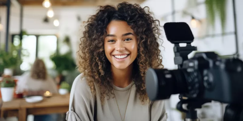 A foto mostra uma mulher sorrindo, em sua frente tem uma câmera usada para filmá-la.