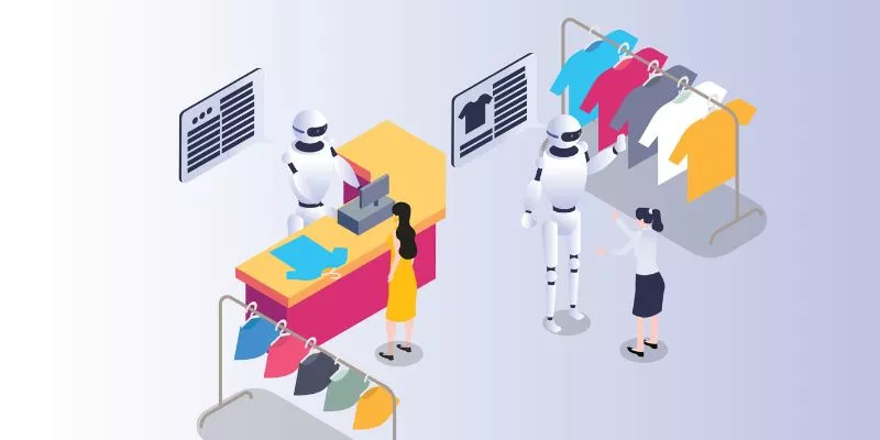 A ilustração mostra uma loja de roupas, nela estão dois robôs ajudando os consumidores com suas compras.