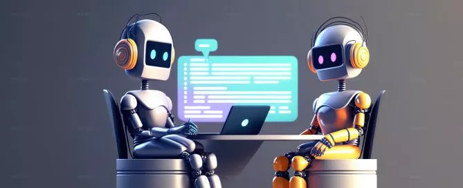 A ilustração mostra dois robôs conversando por meio de um chat.