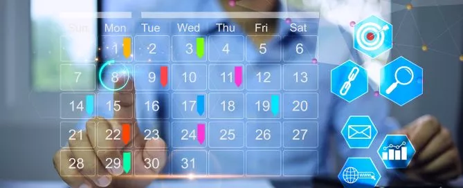 A imagem mostra um calendário de conteúdo.