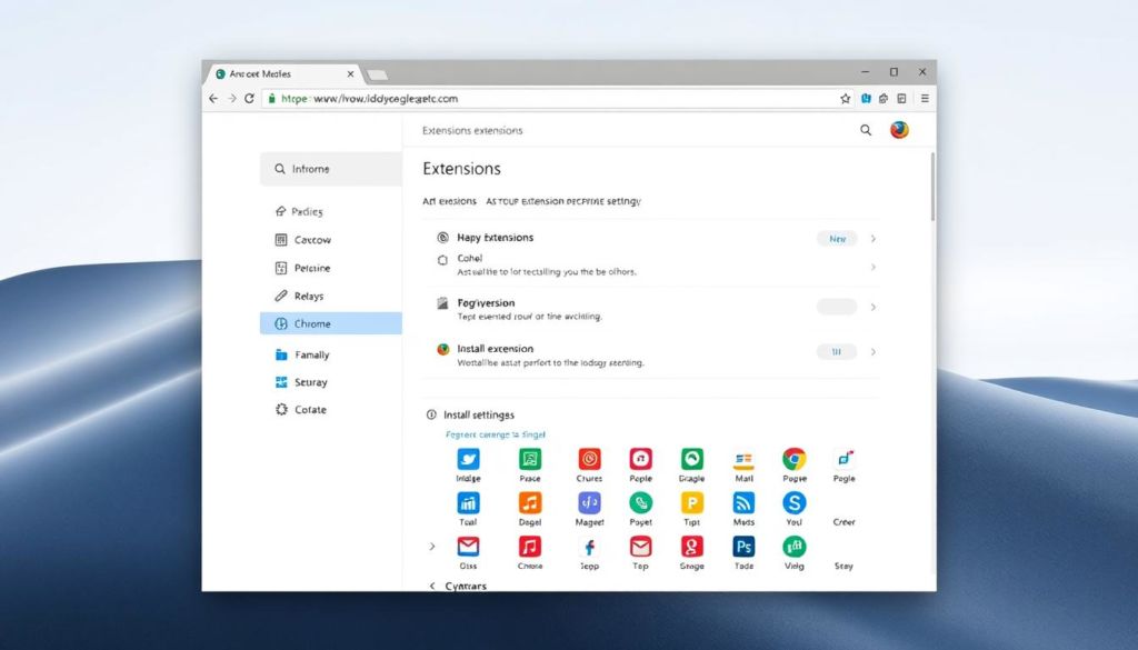 A Chrome browser window with a clean and minimal user interface, showcasing the Extensions management section. The foreground features a grid of various extension icons neatly organized, allowing the user to easily manage and customize their Chrome browsing experience. The middle ground displays a well-structured and intuitive extensions settings menu, providing clear options for enabling, disabling, and configuring the installed extensions. The background has a subtle gradient or texture, creating a professional and polished look. The overall scene conveys a sense of seamless organization and user-friendly control over the Chrome browser's extension ecosystem.