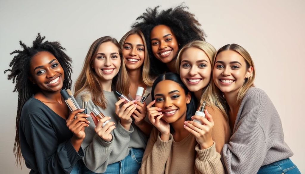 A beautifully lit, high-resolution close-up photograph of an attractive, ethnically diverse group of social media influencers posing together in a modern, minimalist studio setting. The influencers are smiling confidently and engaging with each other, showcasing various high-quality cosmetic products. The lighting is soft and flattering, creating a warm, inviting atmosphere. The background is a simple, neutral color that allows the influencers and products to take center stage. The overall composition is dynamic and visually compelling, capturing the power of influencer marketing for the cosmetics industry.