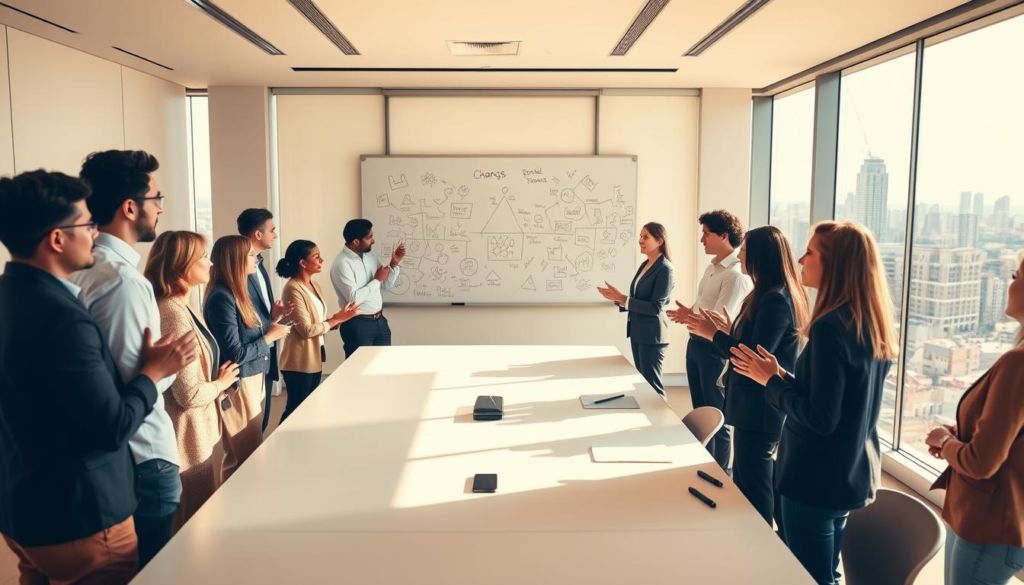 A boardroom setting, with a group of business professionals engaged in a lively discussion. The scene is bathed in warm, natural lighting, creating a welcoming and collaborative atmosphere. In the foreground, a diverse team stands around a sleek conference table, gesturing animatedly as they exchange ideas. The middle ground features a large whiteboard, covered in scribbles and diagrams, reflecting the ongoing process of change and cultural transformation within the organization. In the background, a panoramic window offers a view of a bustling cityscape, symbolizing the wider context in which this organizational shift is taking place. The overall tone conveys a sense of progress, unity, and a shared commitment to embracing new possibilities.