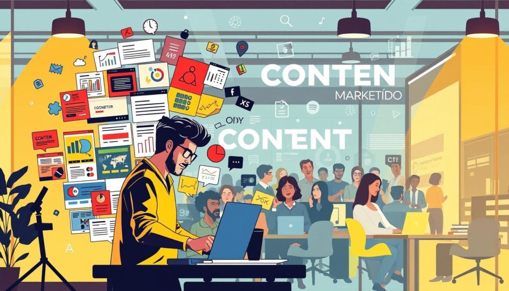 A bold, vibrant illustration depicting the concept of "marketing de conteúdo". In the foreground, a dynamic graphic designer at work, immersed in the creative process, surrounded by a collage of content assets - engaging infographics, captivating social media posts, and informative blog articles. The middle ground features a diverse audience, their attention captivated by the compelling digital content. In the background, a sleek, modern office space with strategic keywords and industry icons, conveying the technical and analytical aspects of content marketing. The overall scene exudes a sense of energy, innovation, and the power of content to connect and influence. Lit by warm, directional lighting, the image should inspire and showcase the multifaceted nature of successful content marketing strategies.