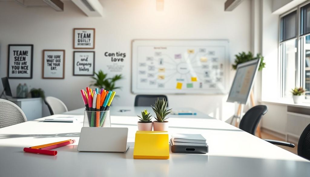 A bright and airy office interior, sunlight streaming through large windows. On a sleek, modern desk, an assortment of organizational tools are artfully arranged - a colorful set of highlighters, a stack of sticky notes, a nameplate, a small succulent plant, and a pair of ergonomic desk organizers. The walls are adorned with motivational art and inspirational quotes, creating a vibrant, collaborative atmosphere. In the background, a whiteboard displays a mind map of team strategies and company values. The overall scene conveys a sense of productivity, innovation, and a strong organizational culture.