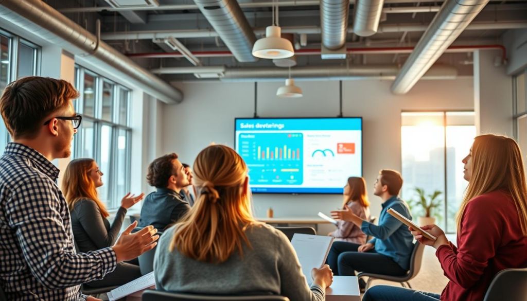 A bright and energetic training session for sales development representatives (SDRs). In the foreground, a group of young professionals engaged in a lively discussion, gesturing animatedly and taking notes. The middle ground features a large screen displaying sales data and strategies, while the background showcases a modern, open-concept office space with ample natural lighting. The overall atmosphere is one of collaboration, productivity, and a strong drive to hone their skills and excel in their roles. Careful attention is paid to the lighting, which creates a warm, inviting ambiance, and the camera angle captures the energy and dynamism of the scene.