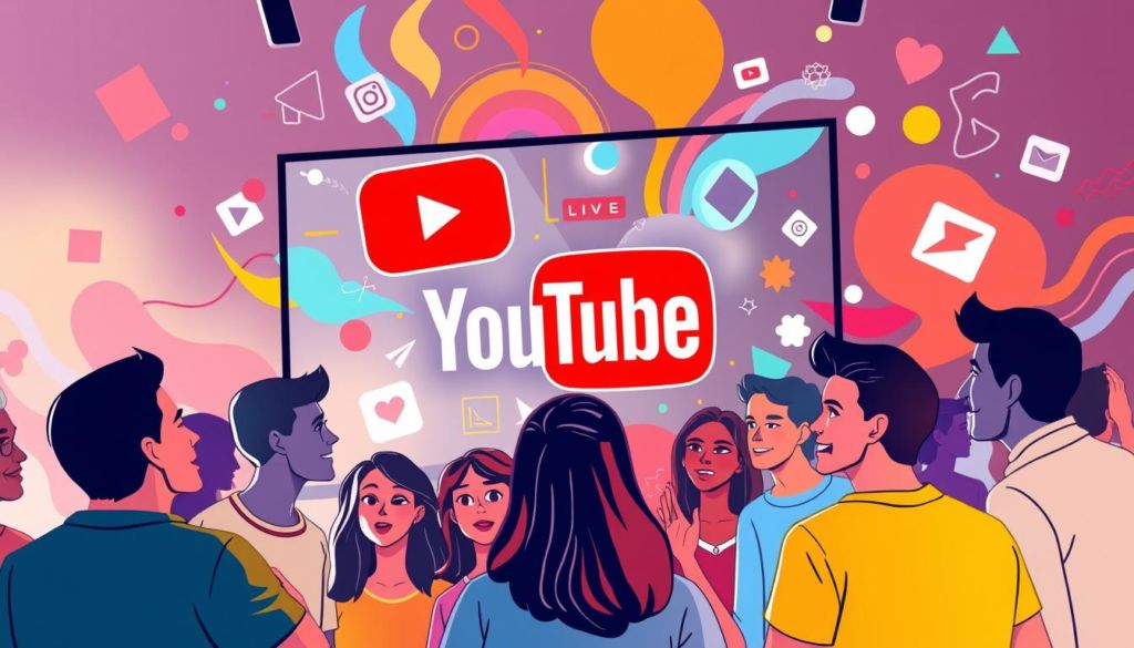 A bright and vibrant YouTube live stream illustration. In the foreground, a group of diverse people actively engaging with the live video, their faces animated and enthusiastic. The middle ground features a large, attention-grabbing YouTube logo and various social media icons, symbolizing the platforms for promotion. In the background, a dynamic array of colorful geometric shapes and fluid patterns create an energetic, eye-catching composition. The lighting is warm and inviting, with a slight glow radiating from the central elements. The overall scene conveys a sense of excitement, community, and the potential for growing one's audience through effective live stream promotion.