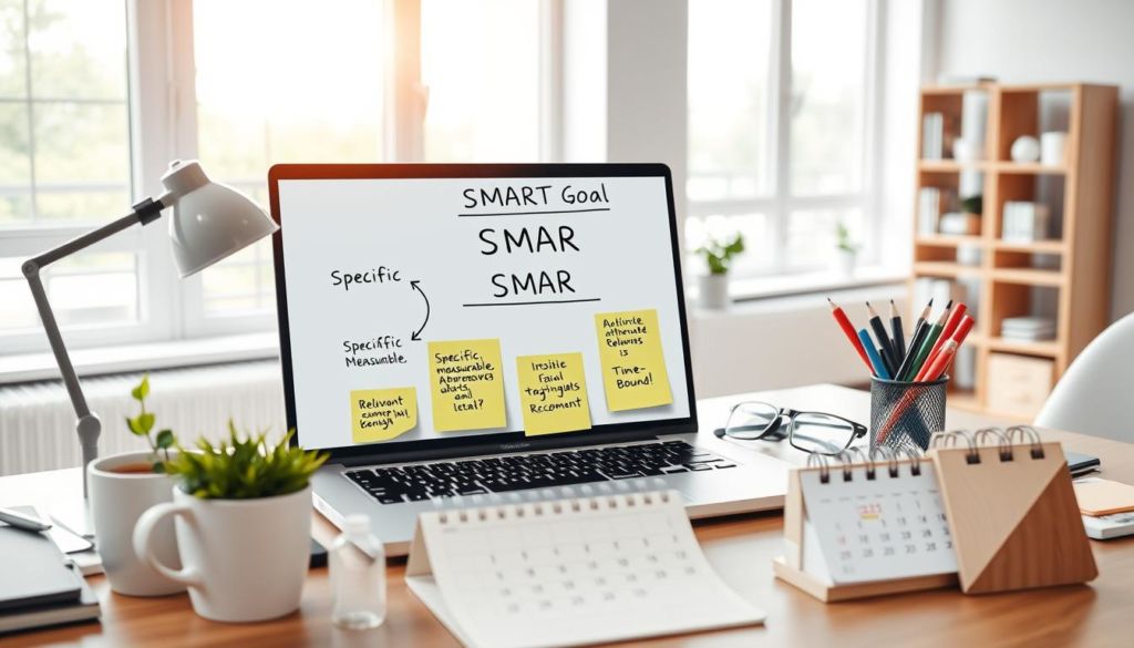 A bright, clean and modern office setting with an organized desk featuring various office supplies and a laptop. On the laptop screen, a diagram illustrates the 5 key components of the SMART goal framework - Specific, Measurable, Achievable, Relevant, and Time-Bound. The diagram is surrounded by inspirational sticky notes with handwritten SMART goal examples. The foreground has a small potted plant, a cup of coffee, and a pen holder. The middle ground shows a calendar on the desk, with the date highlighted. The background features large windows allowing natural light to fill the room, and a minimalist bookshelf in the corner.