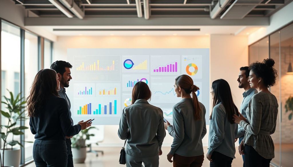 A bright, dynamic image showcasing the concept of "segmentação para prospecção ativa". The foreground depicts a diverse group of people engaged in data analysis, with colorful graphs, charts, and dashboards projected onto a translucent screen. The middle ground features a sleek, modern office environment with clean lines and minimalist design, conveying a sense of efficiency and professionalism. The background is bathed in warm, soft lighting, creating a welcoming and collaborative atmosphere. The overall composition suggests a strategic, data-driven approach to active prospecting, with the various elements working in harmony to enable informed decision-making and targeted outreach.