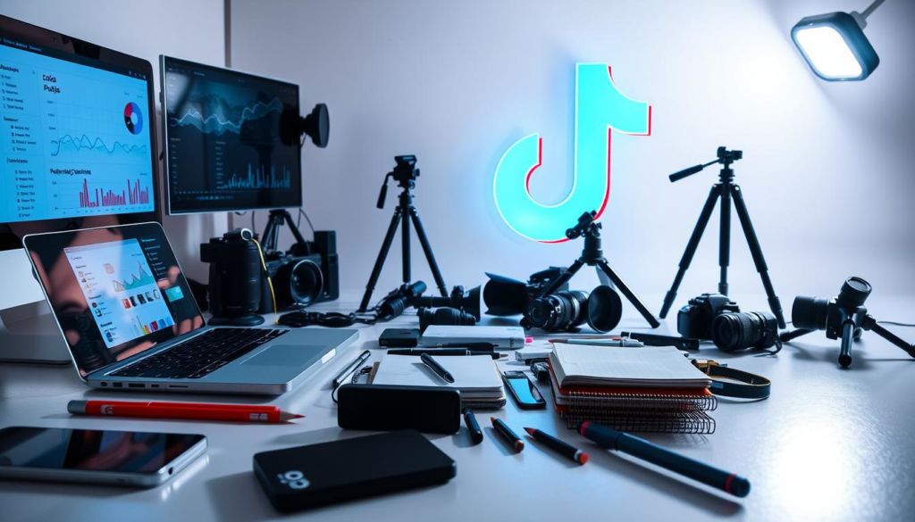 A bright, high-contrast scene depicting an assortment of tools and devices used to find and analyze popular TikTok creators and accounts. In the foreground, a laptop screen displays analytics dashboards and audience metrics. Nearby, various mobile devices, cameras, and tripods are arranged, suggesting the tools used to capture content and monitor performance. The middle ground features a collection of notebooks, pens, and other analog tools, hinting at the research and planning involved. In the background, a stylized TikTok logo or abstract social media iconography provides context. The lighting is clean and directional, creating depth and drama. The overall atmosphere conveys a sense of productivity, innovation, and a deep understanding of the TikTok platform and creator landscape.