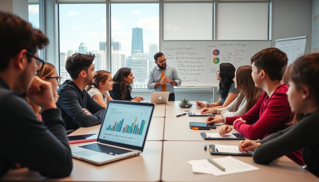 A bright, modern classroom setting with large windows overlooking a vibrant cityscape. In the foreground, a group of students and a teacher are engaged in a lively discussion, their body language and facial expressions indicating deep concentration and active participation. On the teacher's desk, a laptop displays colorful graphs and charts, representing the ongoing performance tracking and analysis. The middle ground features neatly organized student workstations, with tablets, notebooks, and other learning materials. In the background, a large whiteboard displays various performance metrics, progress indicators, and collaborative notes. The overall atmosphere is one of engagement, collaboration, and a shared focus on fostering student achievement.