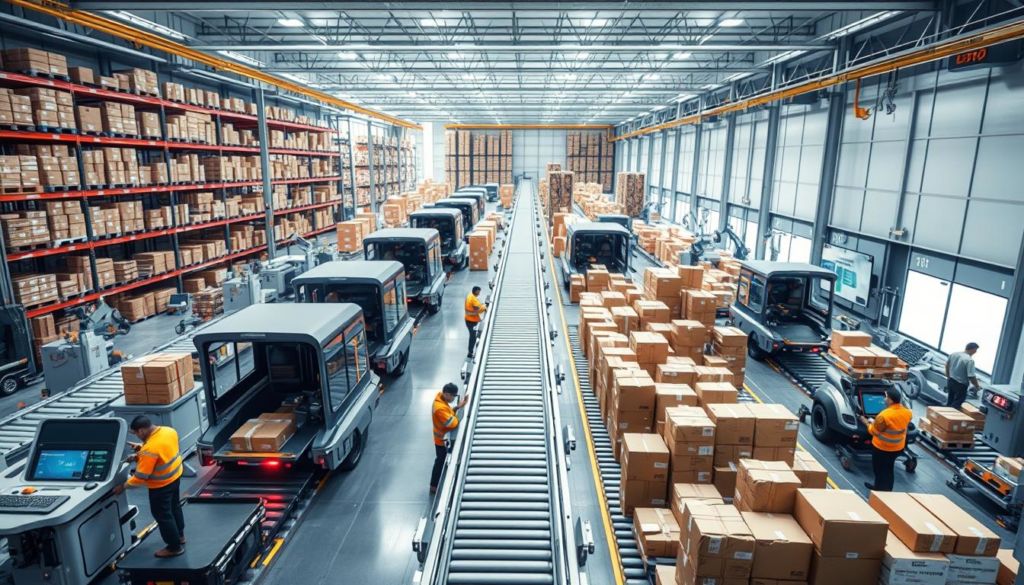 A brightly lit, high-angle view of a modern logistics and distribution center, with a focus on the efficient flow of packages and parcels. In the foreground, workers diligently sort and load shipments onto a fleet of sleek, futuristic delivery vehicles. The middle ground showcases advanced conveyor belts, robotic arms, and digital dashboards, all working in harmony to streamline the fulfillment process. In the background, towering shelves and automated storage systems create a sense of scale and technological sophistication. The overall atmosphere conveys a well-oiled, high-speed operation, capturing the essence of "Logística e Frete Rápido" (Logistics and Fast Delivery).