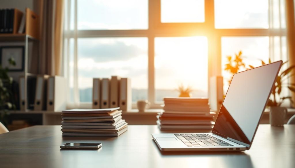 A brightly lit, modern home office scene showcasing the benefits of video downloads. In the foreground, a desk with a laptop and smartphone, representing the seamless devices used for video consumption. The middle ground features neatly organized files and folders, symbolizing the ease of storage and organization. In the background, a large window offers a scenic view, conveying a sense of freedom and flexibility that video downloads provide. Warm, diffused lighting creates a cozy, productive atmosphere. The overall composition emphasizes the convenience, productivity, and enjoyment of downloading videos for personal or professional use.