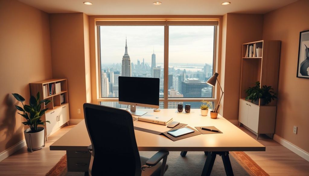 A brightly lit, modern home office with a large desk, a comfortable office chair, and a sleek desktop computer setup. The desk is adorned with a minimal, high-quality stationery set, including a stylish pen and a small potted plant. The walls are painted in a warm, neutral tone, creating a sense of professionalism and focus. Soft, indirect lighting illuminates the space, casting a gentle glow on the various elements. In the background, a large window offers a panoramic view of a bustling city skyline, symbolizing the seamless integration of online presence and the physical world. The overall atmosphere exudes a sense of productivity, sophistication, and a strong online-offline connection.