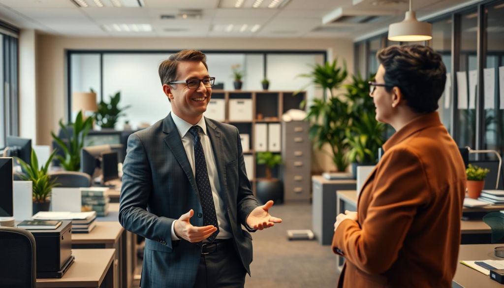 A bustling accounting office, with a well-dressed professional standing at the center, engaging in animated conversation with a prospective client. The office is bathed in warm, inviting lighting, with a backdrop of neatly organized desks, filing cabinets, and potted plants, conveying a sense of professionalism and expertise. The accountant's expression is warm and welcoming, their body language open and inviting, as they explain the services and benefits of the firm to the potential client. The scene reflects the importance of networking and building strong professional relationships in the accounting industry.
