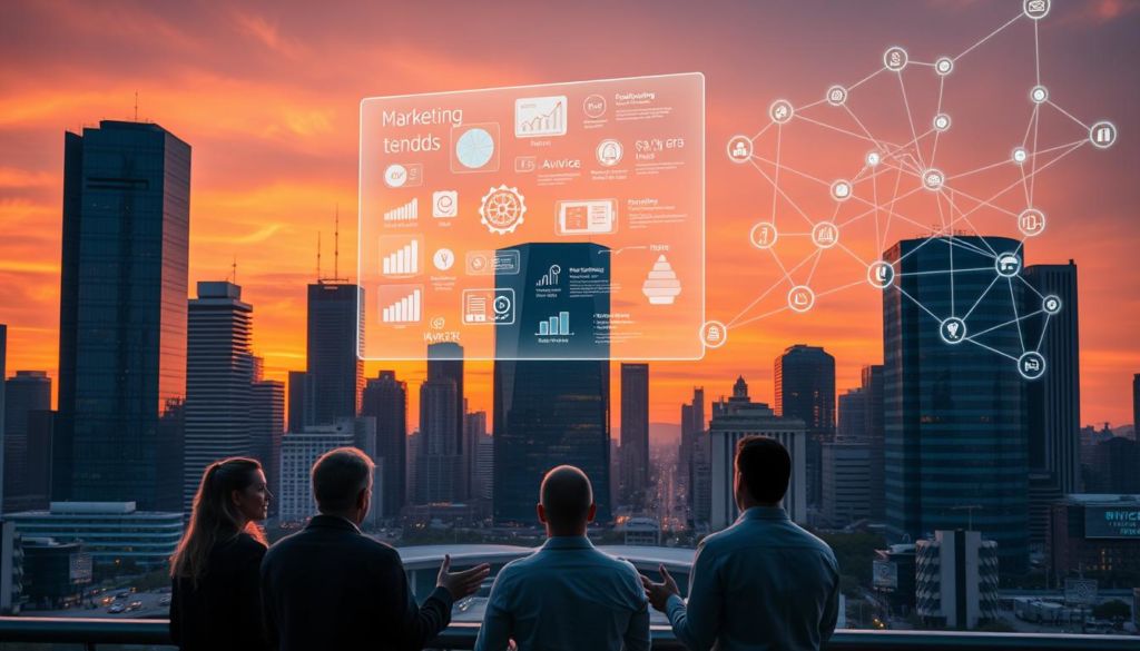 A bustling business district at sunset, with skyscrapers and office buildings silhouetted against an orange-pink sky. In the foreground, a group of professionals engaged in animated discussions, gesturing towards a floating holographic display that showcases various marketing trends and strategies. The middle ground features a sleek, modern conference center, its glass façade reflecting the cityscape. In the background, a network of interconnected virtual platforms and digital marketplaces pulsate with data visualizations and insights. The scene conveys a sense of innovation, collaboration, and the dynamic future of marketing.