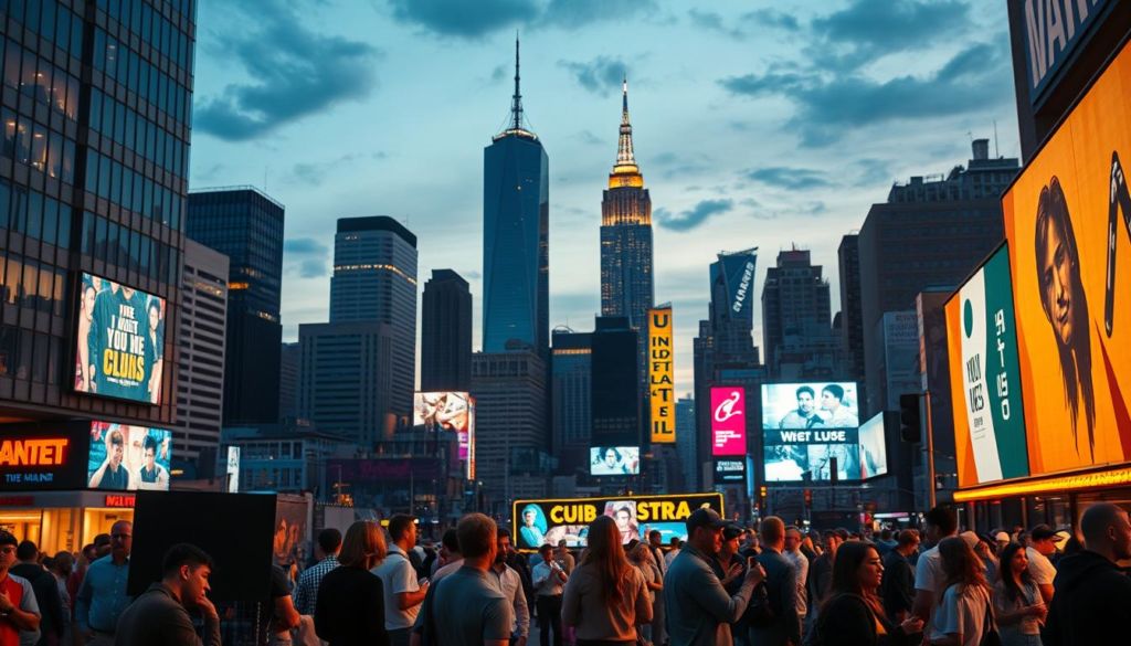 A bustling city skyline at dusk, with a guerrilla marketing campaign unfolding in the foreground. In the middle ground, a team of creative professionals brainstorming innovative tactics, surrounded by bold, eye-catching visuals and guerrilla-style installations. In the background, a dynamic blend of modern architecture, neon lights, and a sense of urban energy. The scene is captured through a cinematic lens, with warm, golden lighting and a touch of gritty realism, conveying the spirit of guerrilla marketing - unconventional, impactful, and captivating.