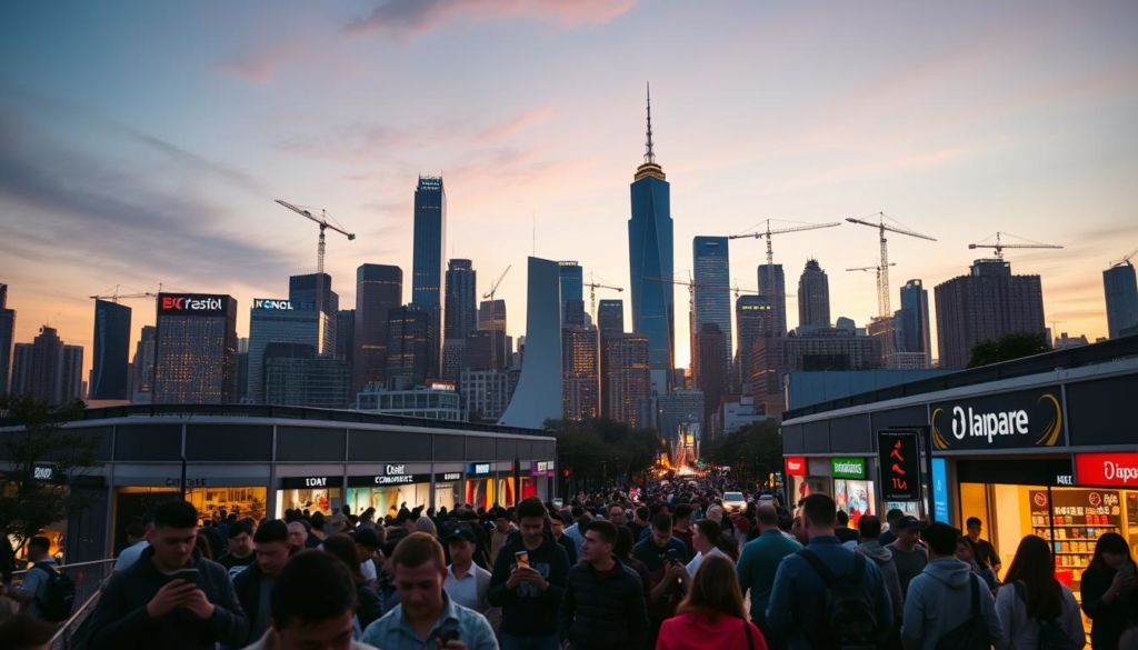 A bustling city skyline at dusk, with towering skyscrapers and cranes dotting the landscape. In the foreground, a crowd of people navigates a busy street, their smartphones in hand as they engage with various e-commerce platforms. The middle ground features a range of retail storefronts, some closed and others bustling with activity, reflecting the accelerated shift towards online shopping. The background is bathed in a warm, golden glow, conveying a sense of progress and transformation. The scene captures the dynamic changes in consumer preferences and the rapid growth of e-commerce, driven by the impact of the global pandemic.
