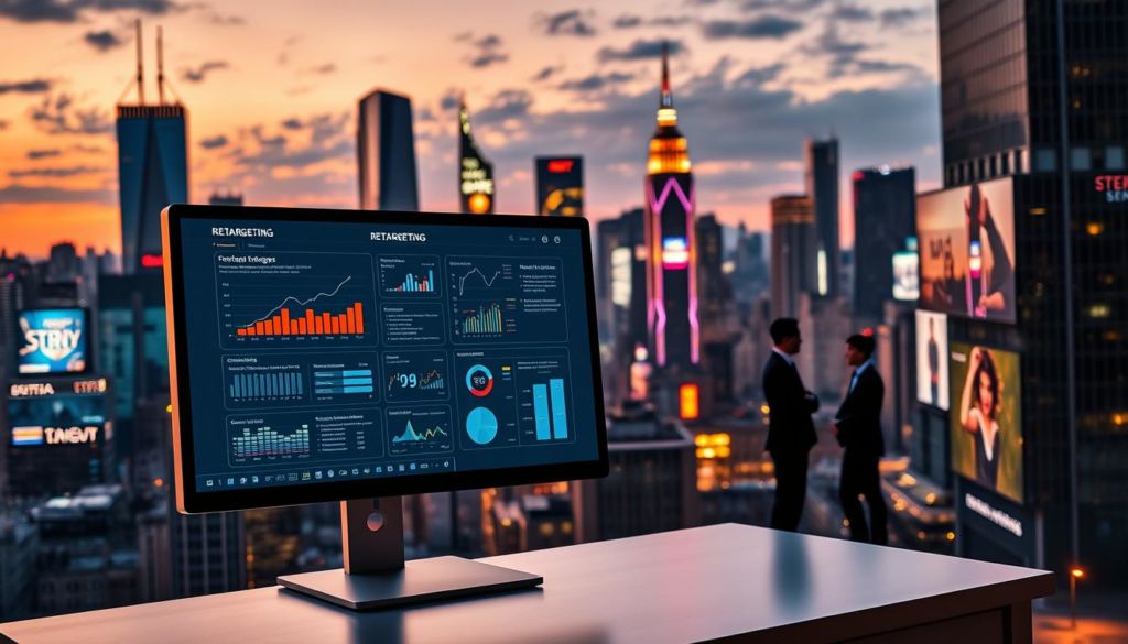 A bustling city skyline at dusk, with towering skyscrapers and neon billboards illuminating the landscape. In the foreground, a computer screen displays various retargeting strategies, with data visualizations and analytical charts. The screen is positioned on a sleek, minimalist desk, casting a warm glow on the scene. The middle ground features business people in formal attire, engaged in discussion and collaboration, hinting at the strategic decision-making process behind effective retargeting campaigns. The background is a blend of urban architecture and a vibrant, pulsing cityscape, symbolizing the dynamic, ever-evolving nature of the digital marketing landscape.