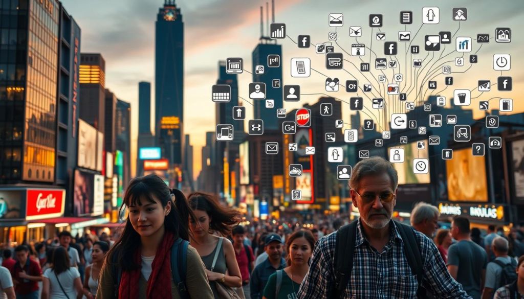 A bustling city skyline at dusk, with towering skyscrapers and neon signs illuminating the streets below. In the foreground, a diverse group of consumers navigates the crowded urban landscape, each facing unique challenges - a young parent juggling work and family responsibilities, a tech-savvy millennial struggling to keep up with the latest trends, and a retiree navigating the complexities of online shopping. The middle ground features a maze of e-commerce platforms, social media channels, and targeted advertisements, creating a cacophony of competing demands for the consumers' attention. The background casts a warm, golden glow, suggesting the opportunities and potential for B2C businesses to connect with their audience, if they can overcome the complexities of modern consumer behavior.