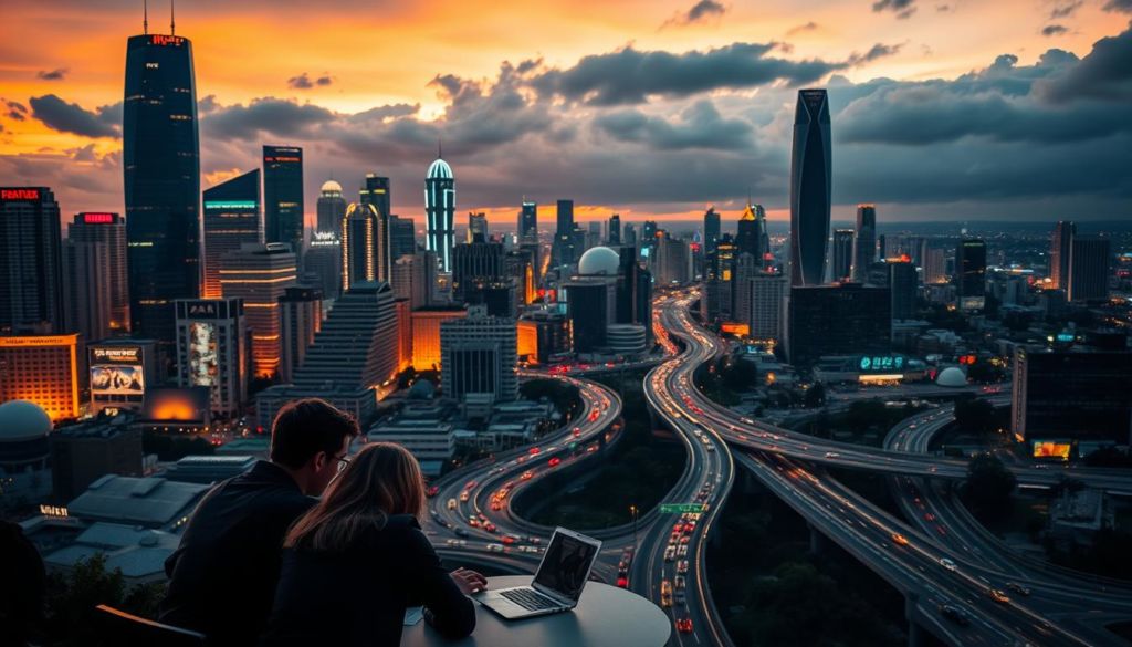 A bustling city skyline at dusk, with towering skyscrapers and vibrant neon signs casting a warm glow over the urban landscape. In the foreground, a group of businesspeople huddle around a table, deep in discussion, their faces illuminated by the soft light of a laptop screen. The middle ground features a maze of roads and traffic, symbolizing the challenges and complexities of modern marketing strategies. In the background, a cloudy sky tinged with hues of orange and pink, creating an atmosphere of contemplation and uncertainty. The scene conveys the dynamic and ever-evolving nature of inbound marketing in the Brazilian context.