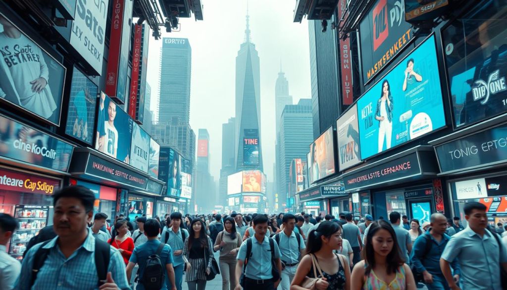 A bustling city skyline seen through the lens of a futuristic camera, with a diverse crowd of consumers at its center. In the foreground, individuals of various ages and backgrounds navigate a vibrant, digitally-enhanced marketplace, their movements and interactions captured in a blend of realism and abstract expressionism. In the middle ground, towering skyscrapers and holographic billboards reflect the rapid technological advancements transforming the consumer landscape. The background is shrouded in a soft, atmospheric haze, hinting at the profound societal shifts underlying this new era of consumer behavior. The image conveys a sense of dynamism, innovation, and the inevitability of change in the digital age.