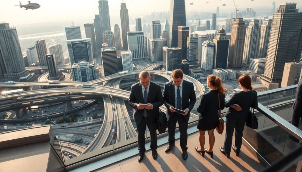 A bustling city skyline, with towering skyscrapers and criss-crossing highways. In the foreground, a group of people dressed in business attire, covertly observing and taking notes as they visit various establishments. The scene is bathed in a warm, golden light, capturing the dynamic atmosphere of a thriving commercial district. The camera angle is slightly elevated, providing a bird's-eye view of the activities below, emphasizing the strategic and discreet nature of the "hidden customer" scenario. The overall impression is one of a well-organized, professional operation, with a focus on evaluating and improving the customer experience.