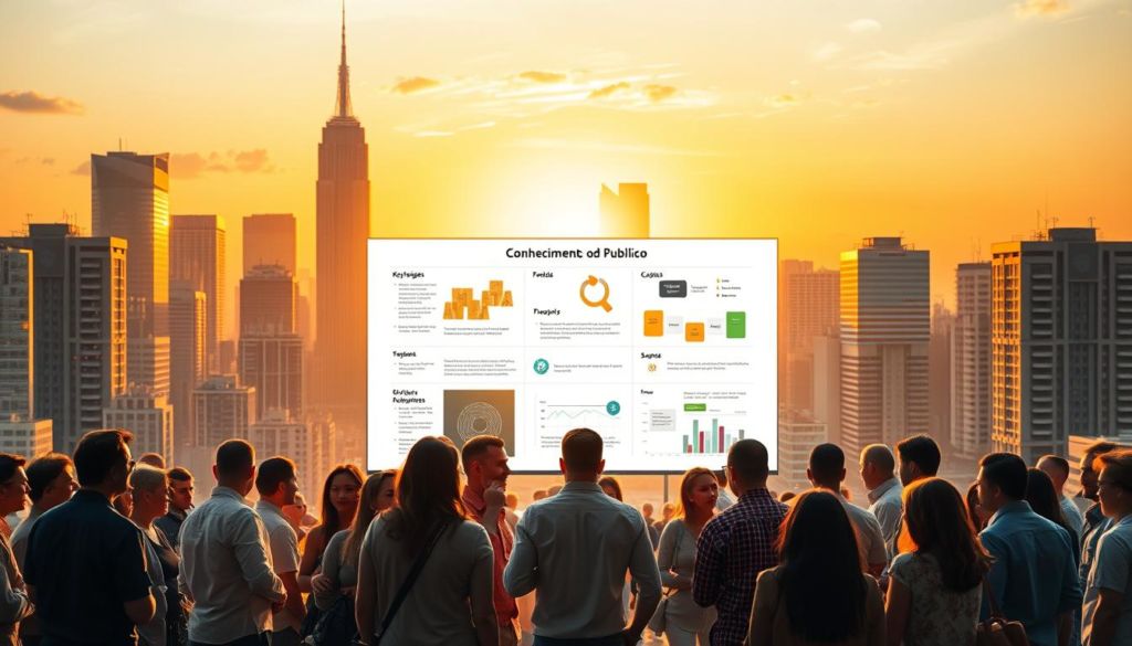 A bustling city skyline with towering skyscrapers in the background, illuminated by warm, golden-hued lighting that casts a soft glow. In the foreground, a diverse group of people, representing the target audience, engrossed in lively discussions, exchanging ideas, and collaborating. The middle ground features a central focal point, perhaps a digital display or a whiteboard, showcasing key insights and data visualizations relevant to the target audience's needs and preferences. The overall scene conveys a sense of engaged, informed, and dynamic interaction, reflecting the "Conhecimento do Público-Alvo" theme.
