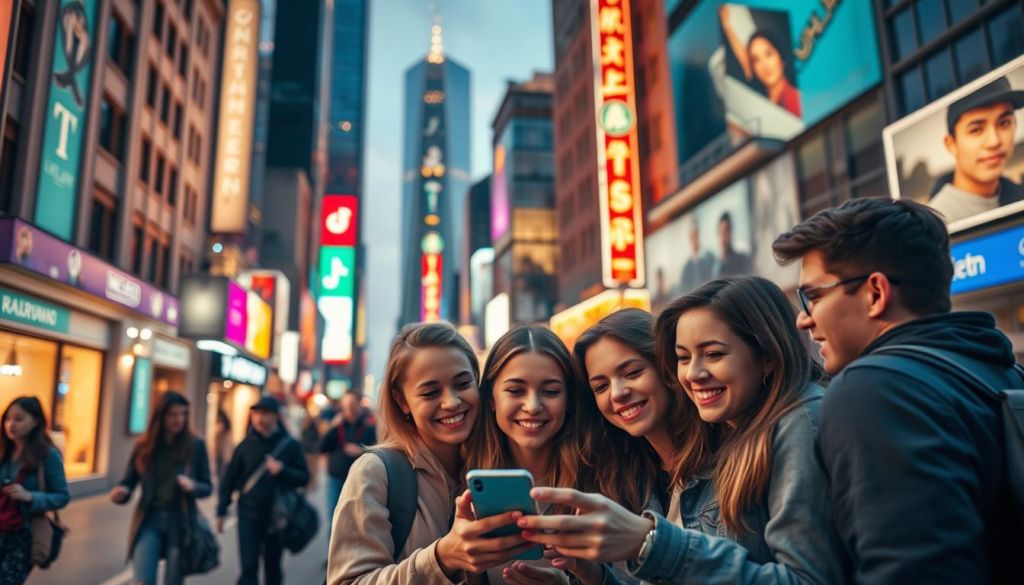 A bustling city street at dusk, the warm glow of streetlights and neon signs casting a vibrant atmosphere. In the foreground, a group of young people excitedly gathered around a smartphone, their expressions animated as they watch a TikTok video go viral. The middle ground features various pedestrians, some stopping to take notice, others hurrying by. In the background, towering skyscrapers and a hint of a setting sun, creating a sense of energy and anticipation. Shallow depth of field, with the focal point on the central group, emphasizing the impact and virality of the moment.