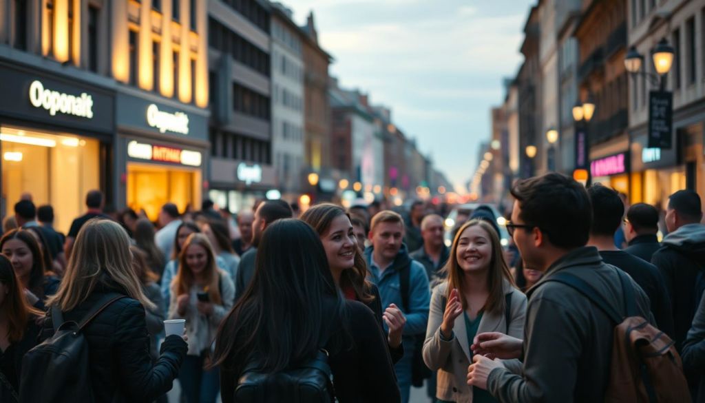 A bustling city street at dusk, with a diverse crowd of people engaged in animated conversations. In the foreground, a group of friends animatedly discussing something, their gestures and expressions conveying a sense of excitement and energy. In the middle ground, passersby hurrying along, some stopping to chat with acquaintances. In the background, the glow of streetlights and the silhouettes of buildings, creating a warm, inviting atmosphere. Soft, diffused lighting casts a golden hue over the scene, highlighting the interactions and connections between the people. The overall mood is one of vibrant, organic communication, capturing the essence of "word-of-mouth" marketing.