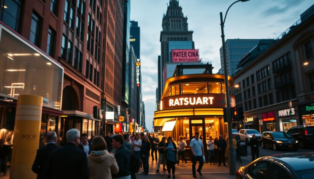 A bustling city street at dusk, with a modern, well-lit restaurant prominently displayed on the corner. The warm glow of the restaurant's exterior illuminates the surrounding area, drawing the attention of passersby. In the foreground, a group of people standing outside the restaurant, their faces lit by the inviting ambiance. In the background, a mix of pedestrians, vehicles, and city buildings, all captured with a cinematic depth of field. The scene conveys a sense of energy and excitement, highlighting how effective geolocation can be in attracting customers to a restaurant.