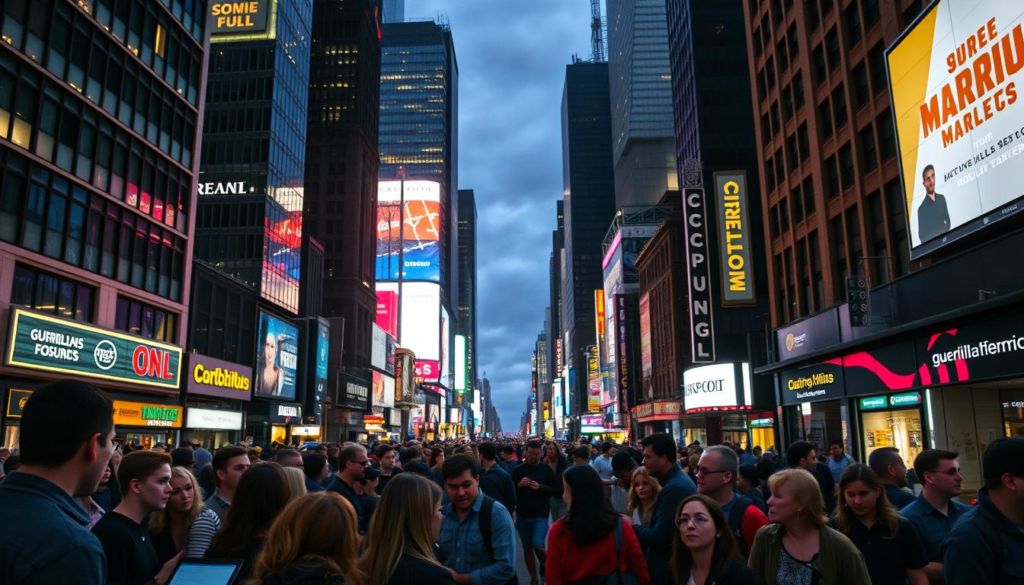 A bustling city street at dusk, with towering skyscrapers and neon signs casting an electric glow. In the foreground, a group of guerrilla marketers strategize, their faces illuminated by the glow of their laptops. Unconventional tactics are mapped out, highlighting the challenges of standing out in an urban jungle. The middle ground showcases a diverse crowd, some intrigued, others skeptical, as the marketers execute their bold, unorthodox campaigns. In the background, a maze of alleyways and side streets, hinting at the unpredictable, agile nature of guerrilla marketing. The scene conveys a sense of dynamism, ingenuity, and the relentless pursuit of attention in a saturated marketplace.