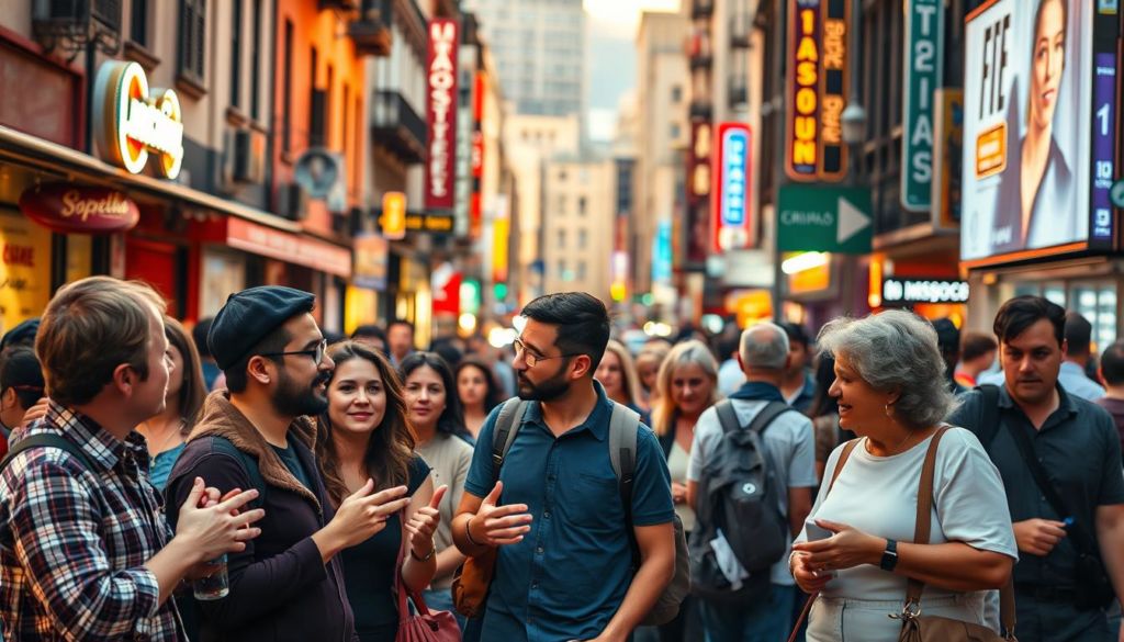 A bustling city street, with people engaged in lively conversations and gestures, capturing the essence of "estratégias boca a boca." In the foreground, a group of friends animatedly discussing, their expressions and body language conveying the energy of word-of-mouth marketing. In the middle ground, passersby, both young and old, exchanging ideas and recommendations, creating a sense of community and connection. The background features a vibrant urban landscape, with colorful buildings, neon signs, and a pulsing atmosphere that reflects the dynamic nature of this marketing strategy. Warm, natural lighting illuminates the scene, creating a sense of authenticity and spontaneity. The overall composition emphasizes the power of human interaction and the impact of personal recommendations in driving business growth.