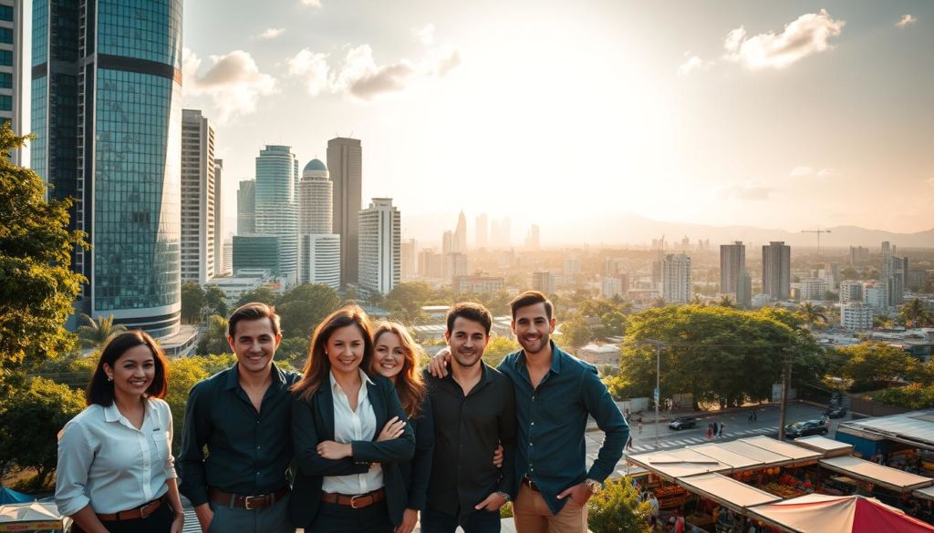 A bustling cityscape filled with towering skyscrapers and lush greenery, showcasing the vibrant entrepreneurial spirit of Brazil. In the foreground, a group of successful business owners posing confidently, their expressions radiating pride and accomplishment. The middle ground features a bustling marketplace, with vibrant stalls and thriving local commerce. In the background, a panoramic view of the city's iconic landmarks, bathed in warm, golden sunlight that casts a celebratory glow over the entire scene. The overall atmosphere conveys a sense of prosperity, innovation, and the inspiring success stories that have emerged from the dynamic Brazilian business landscape.