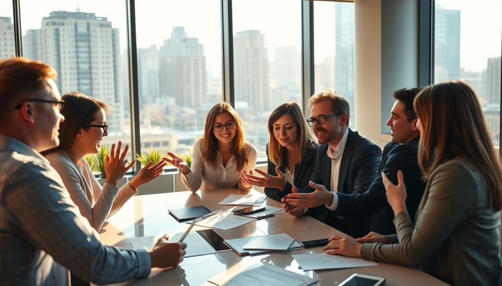 A bustling corporate office scene, with a group of professionals engaged in lively discussions around a conference table. The lighting is warm and natural, streaming in through large windows overlooking a cityscape in the background. The team is dressed in business attire, some gesticulating animatedly as they collaborate on a presentation or proposal. The mood is one of productive energy, with an air of camaraderie and open communication. The camera angle is slightly elevated, capturing the dynamism of the public relations activities taking place within the space.
